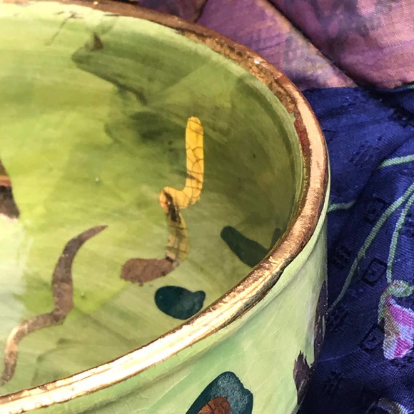 Lime Green Abstract Pottery Snack Bowl with Genuine Gold Accents - Picture 7 of 11